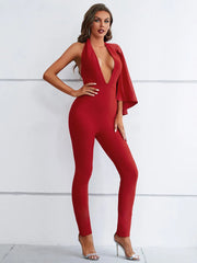 Single Sleeve V Neck Ruffles Red Jumpsuit