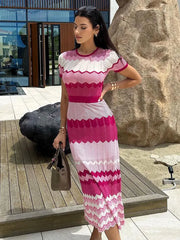 Women Contrast Knitted Round Neck Short Sleeve Midi Dress