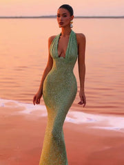 Halter Deep V Neck Sequins Green Long Dress