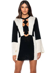 Patchwork White Long Sleeve Round Neck Knit Mini Dress 