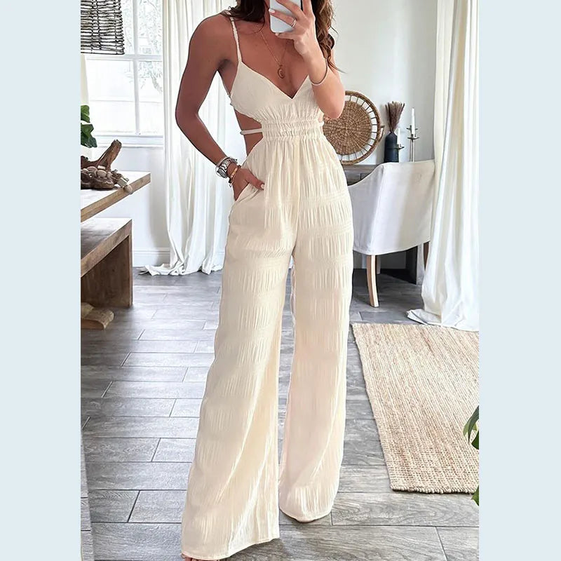 Hollow High Waist Open Back Textured Jumpsuit