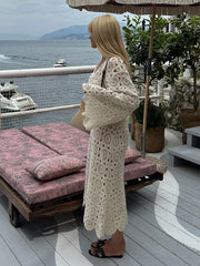 Knitted V-neck Long Sleeve Dress Drawstring Beachwear Robe