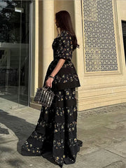 Square Neck Lantern Sleeve Floral Ruffles Maxi Dress