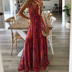 Spaghetti Strap Vintage Printed V-neck Maxi A-line Dress