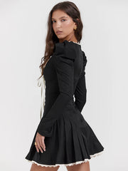 Lace Puff Sleeve Square Collar Ruched Mini Dress