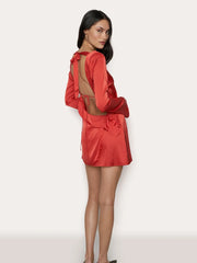 Open-Back Irregular Satin Long Sleeve Solid Mini Dress