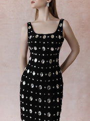 Diamonds Crystal Sleeveless Black Midi Dress