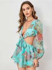 Printed Lantern Sleeve Chiffon Playsuit