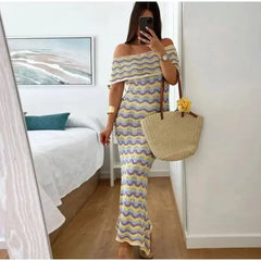 Stripe Print Knitted Off Shoulder Long Dress