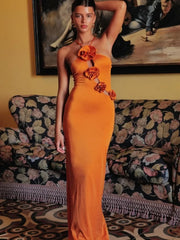 Orange Halter Neck Spaghetti Strap Lace-up 3D Flower Long Dress