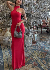 Solid High Neck Sleeveless Red Long Evening Party Dress