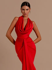 Swinging Collar Red Satin Sleeveless Maxi Dress