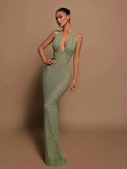 Halter Deep V Neck Sequins Green Long Dress