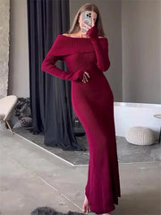 Off-Shoulder Ribbed Knitwear Maxi Dress