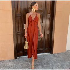 Solid Lace Up Pleated Sleeveless Long Dress