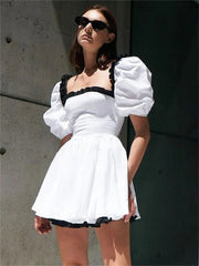 Contrast Patchwork Short Sleeve Ruffled Women Dress