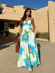 Flower Printed Sling Long Dress with Pocket