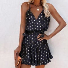 V-neck Printed Sleeveless Ruffled Ladies Dresses 