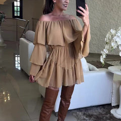 Off Shoulder Chiffon Flared Sleeve Loose Dress