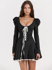 Lace Up Dress With Long Puff Sleeves