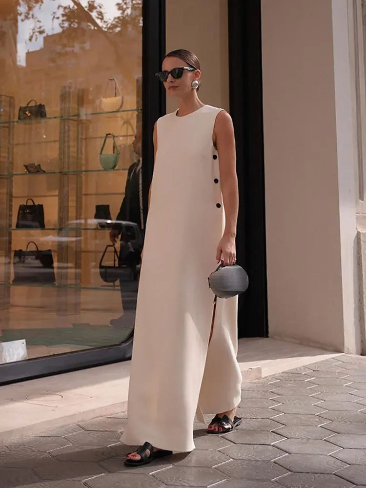 Button Split O-neck Sleeveless Loose Long Dress