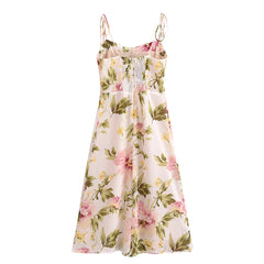 Flower Leaves Print Corset Hem Slit Lacing up Sling Midi Dress