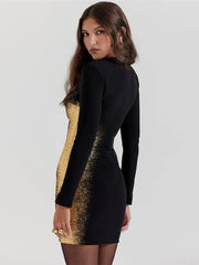 Long Sleeve O Neck Elegant Gold Print Dress