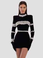 Women Round Neck Long Sleeve Diamond Tight Mini Dress