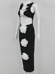 Solid Cut Out Flower Black Midi Dress