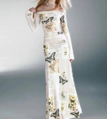 Long Sleeve Floral Print V-neck Thin Chiffon Maxi Dress