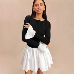 Women Wearing Ruffled Black White Contrast Patchwork Full Sleeved Mini Dress