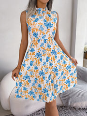 Ruffles Sleeveless Floral Print Pleated Knee Length Dress