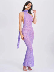 Purple Leopard Print Halter Draped Long Dress