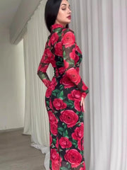 Red Flowers Printed Mid-calf Dress