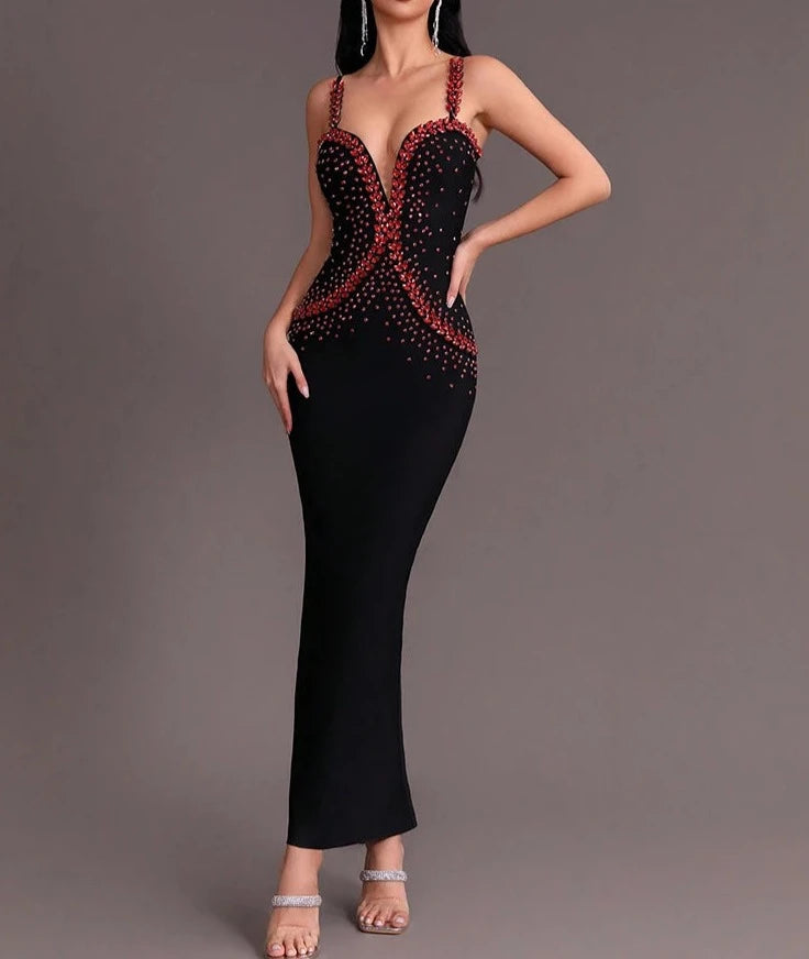 Black Red Gem Tight V-neck Sleeveless Long Dress