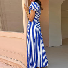 Puff Short Sleeve Striped Long Dress