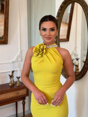 A woman wearing a sparkling yellow maxi dress with a high slit and a sleeveless design, showcasing the intricate crystal details.