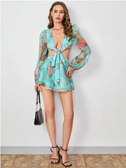 Printed Lantern Sleeve Chiffon Playsuit