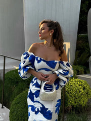 Off Shoulder Balloon-sleeved Printed Midi Dress