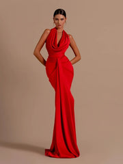 Swinging Collar Red Satin Sleeveless Maxi Dress