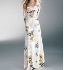 Long Sleeve Floral Print V-neck Thin Chiffon Maxi Dress