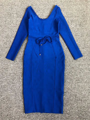 Women's Blue O-Neck Long Sleeve Lace up Knee Length Dress