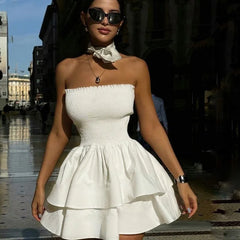 White Ruffle Strapless Solid Mini Dress