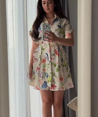 Printed Turn-Down Collar Short Sleeve Belt Mini Dress