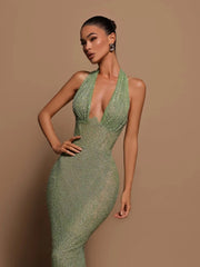 Halter Deep V Neck Sequins Green Long Dress