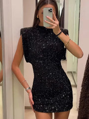 Sequin O-Neck Shoulder Pads Fly Sleeve Mini Dress For Women