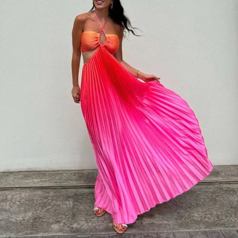 Halter Pleated Gradient Print Long Dress