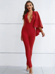 Single Sleeve V Neck Ruffles Red Jumpsuit