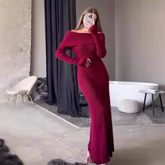 Off-Shoulder Ribbed Knitwear Burgandy Maxi Dress