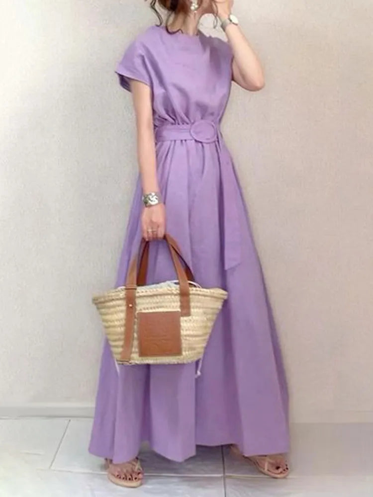 Belted Solid O-Neck Long Shirt Dress For Women